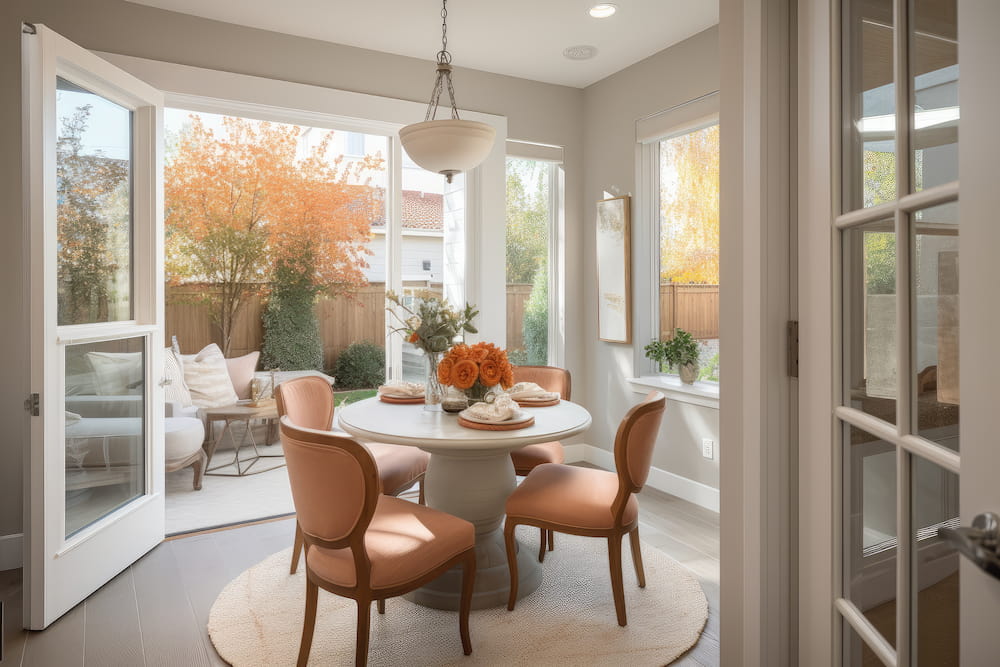 large breakfast nook with dining set and orange chairs-home addition to add extra square footage