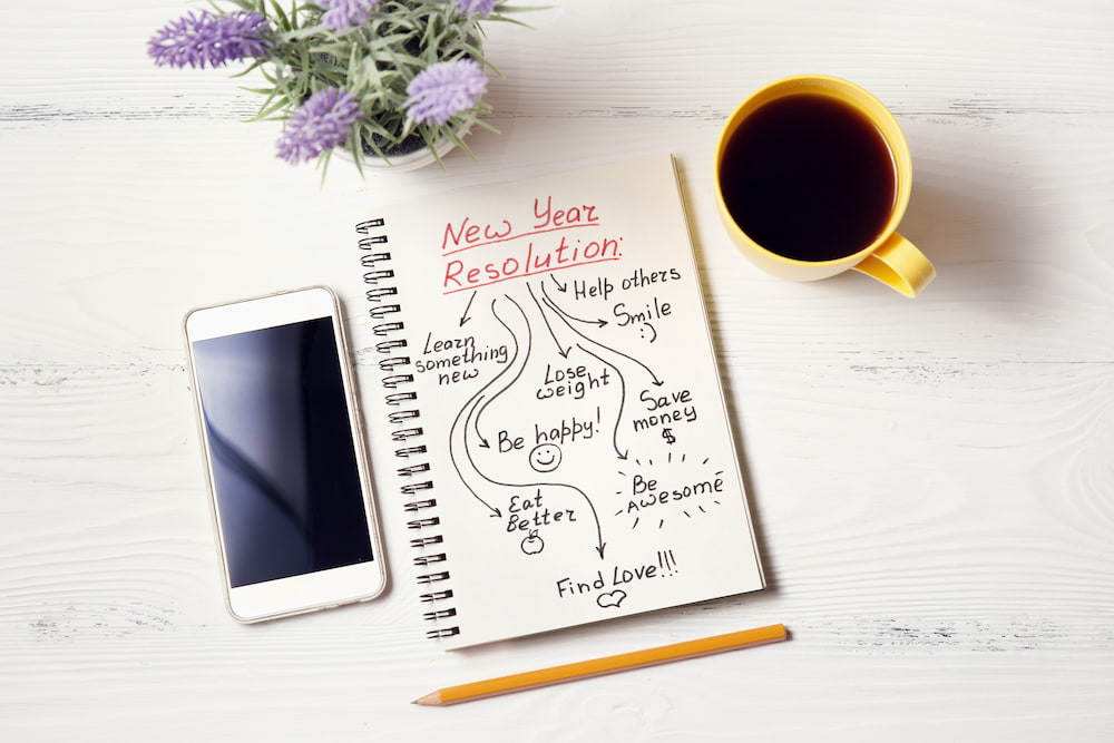 a notebook with new years resolutions written in it on a desk with a phone, coffee and plant